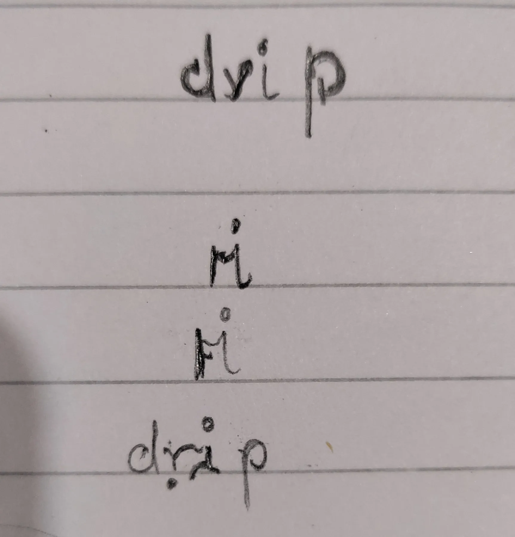 Small written letterforms for the word &#x27;drip&#x27; with accents that would allow the symbol to be read the same when flipped vertically.