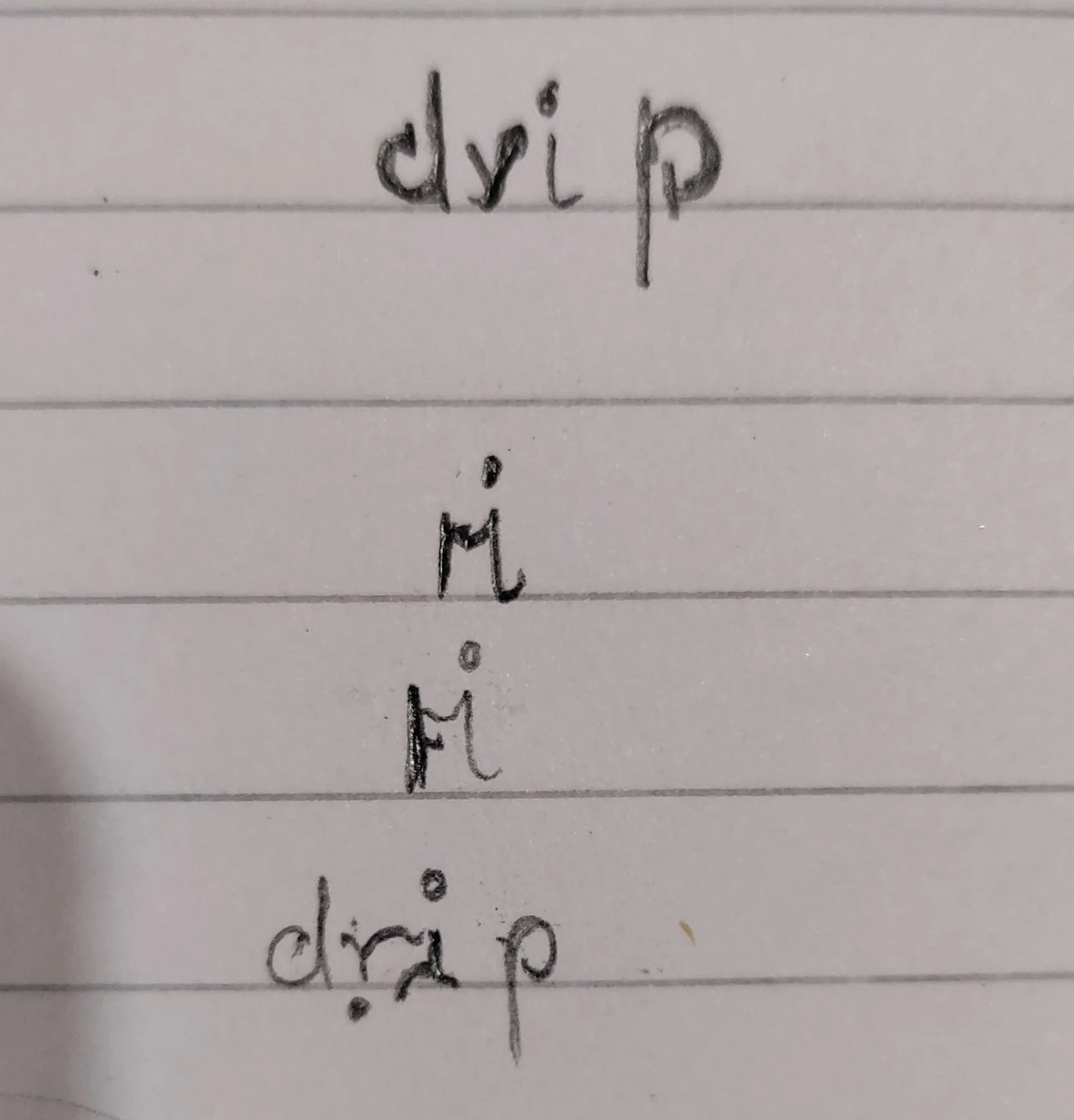 Small written letterforms for the word 'drip' with accents that would allow the symbol to be read the same when flipped vertically.