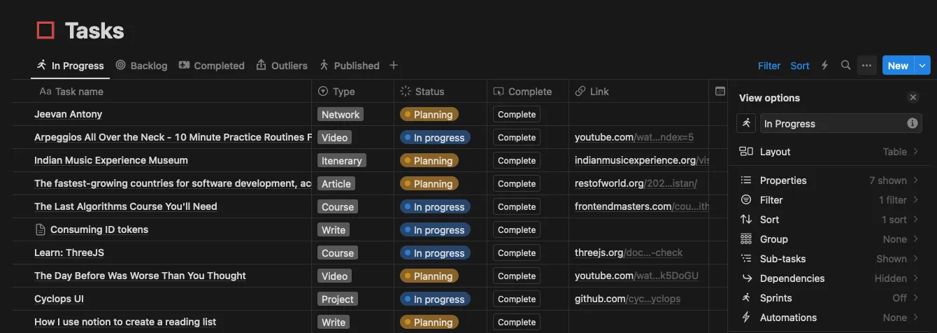A screenshot of the Tasks database. It has the following columns visible in the "In Progress" tab: "Task name", "Type", "Status", "Complete", "Link", "Due", and "Project".