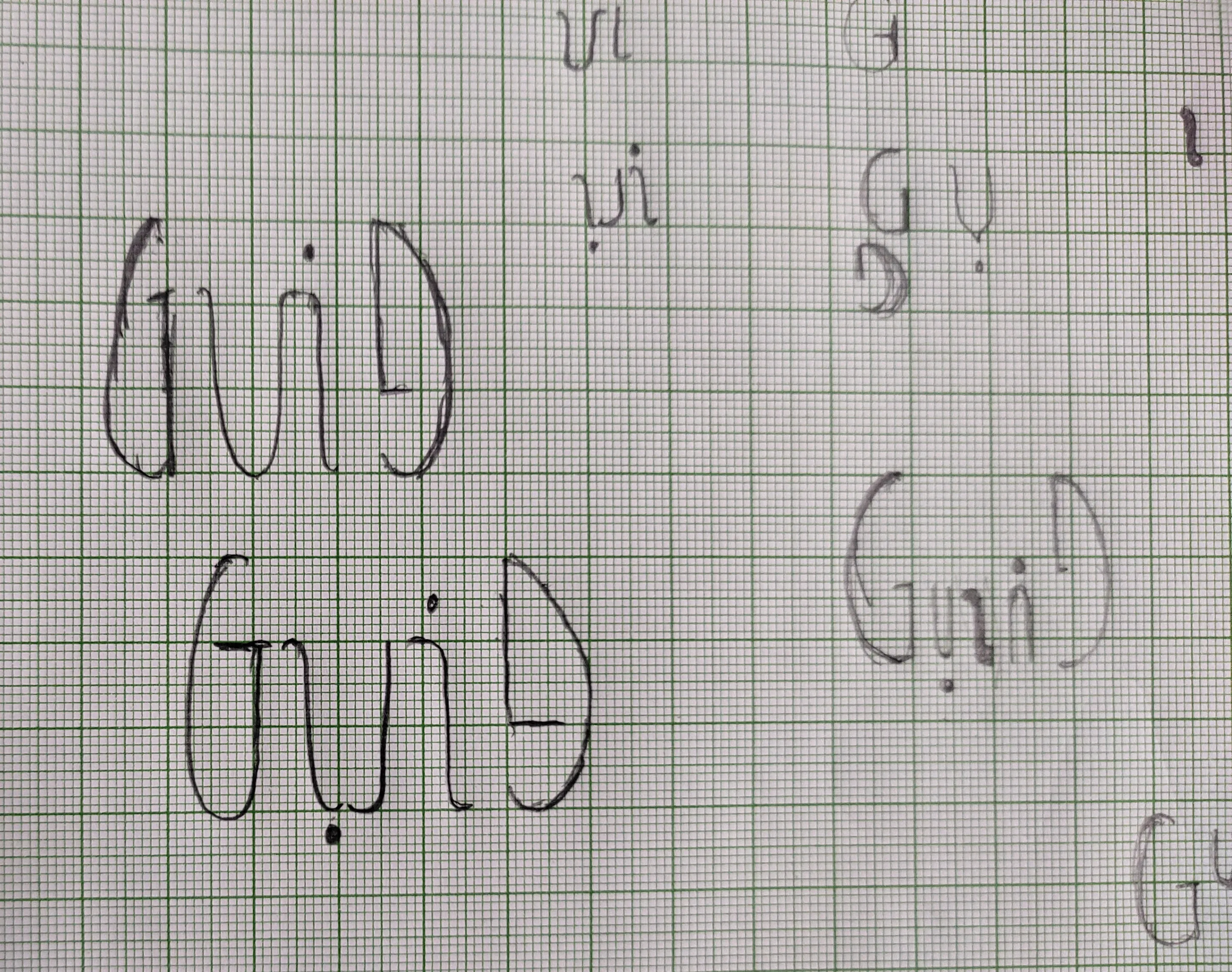 Drawn letterforms for the word Guild on a graph sheet.