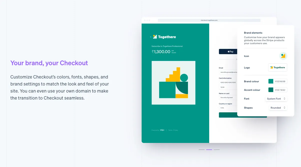 A webpage on Stripe's website that showcases it's customization ability with the tagline "Your brand, your Checkout"