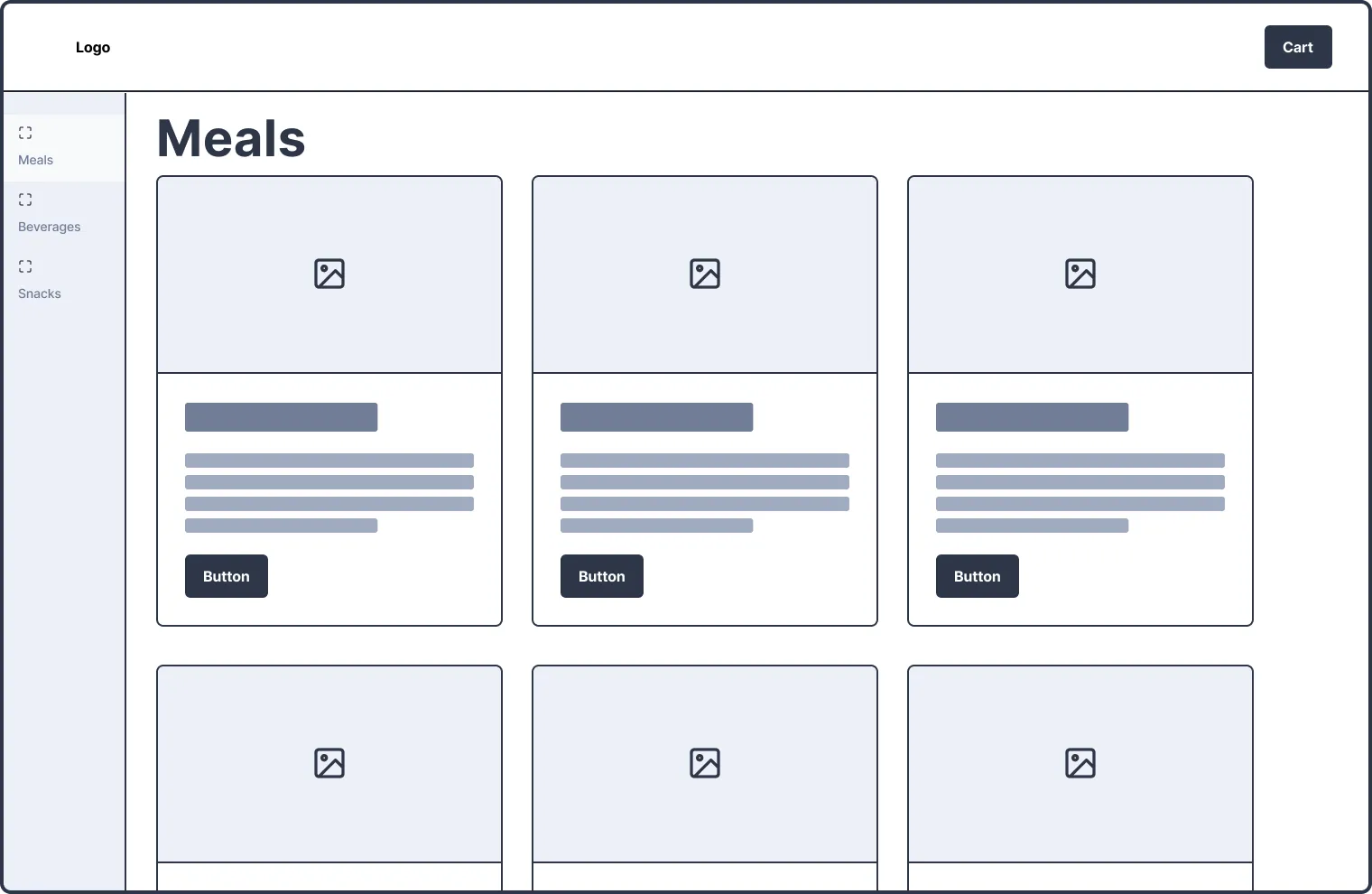 A wireframe with a sidebar for categories, similar to a modern McDonald&#x27;s self-serve.