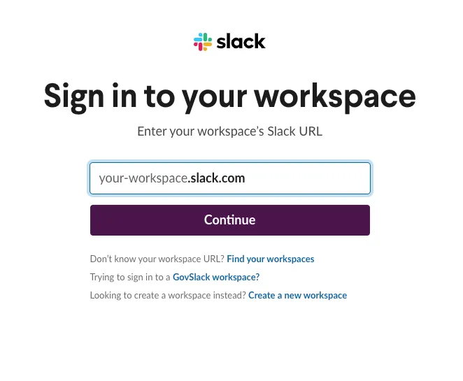 Slack sign in page asking for a workspace URL