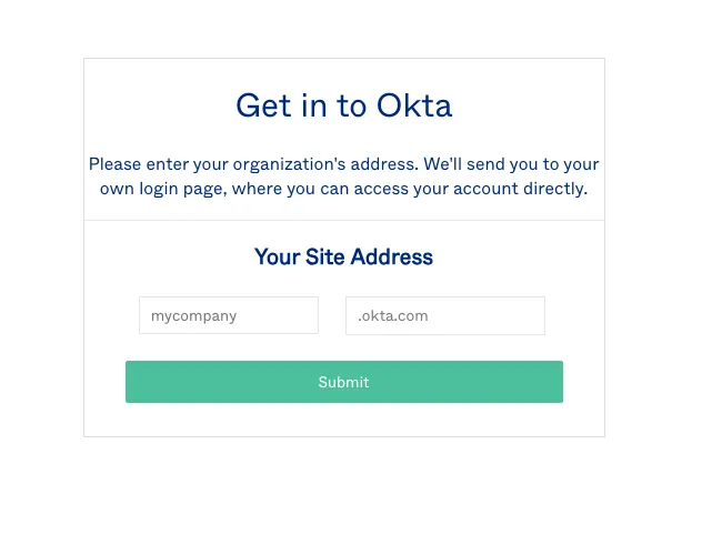 Okta sign in page asking for an organization address