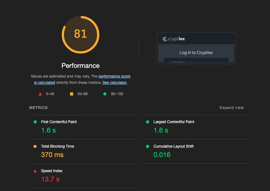 A lighthouse performance score of 81 with a 1.6 second FCP, 1.6 second LCP, 370ms blocking time, and 0.016 CLS.